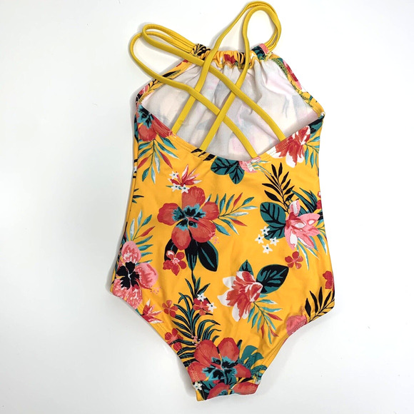Kanu Surf Girls One Piece Swimsuit Size 6 Yellow Floral Crisscross Straps Tropic - Picture 4 of 9